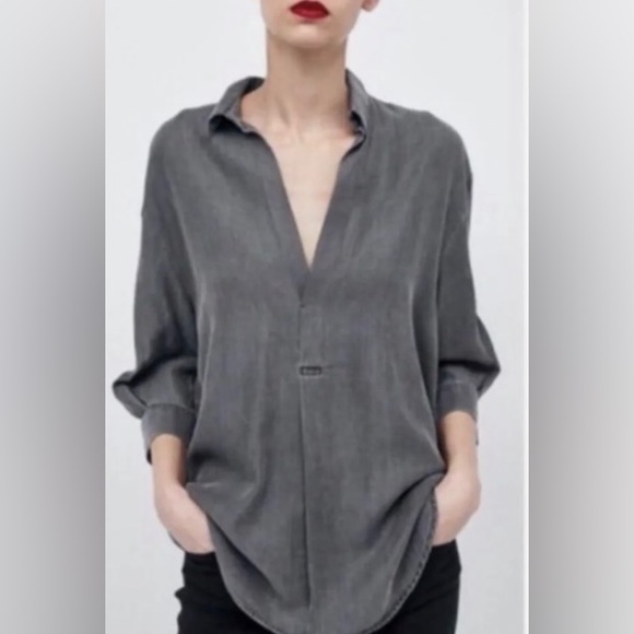 ZARA Premium Denim Collection Chambray Gray Join Life Oversized Blouse Top Small - Picture 2 of 7